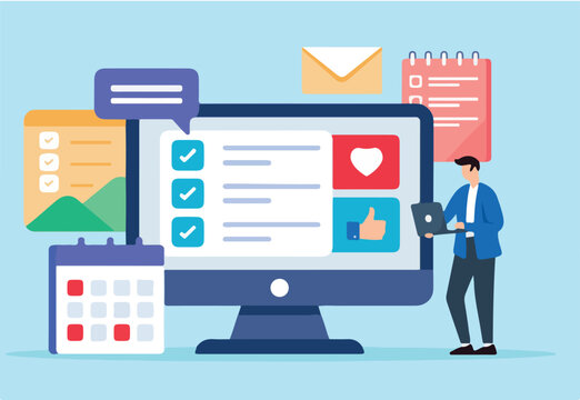 Flat illustration of blogger writing content creation checklist on laptop computer screen with calendar social media promotion strategy planning