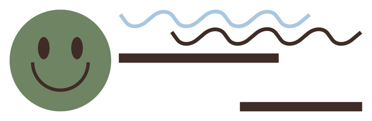 Green smiling face beside abstract wavy lines and horizontal bars. Ideal for positivity, mood, communication, emotions, creativity, simplicity, and mindfulness. A simple flat metaphor