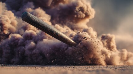 baseball bat hitting a ball with a cloud of dust and debris .