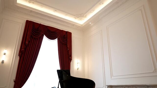Elegant room interior featuring ornate white wall molding, decorative ceiling, and rich red velvet curtains framing a bright window.