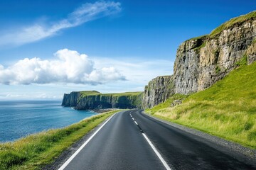 Asphalt road with cliffs and blue sky