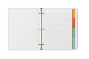 Open notebook with colorful tabs on transparent background