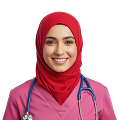 Young muslim healthcare professional wearing red hijab and pink scrubs with stethoscope isolated on transparent background