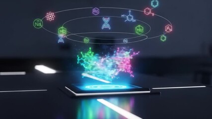 Illuminated tablet displaying holographic molecular structures and chemical formulas in a dark setting - Powered by Adobe