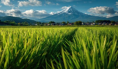 healthy, organic and good quality Japanese rice field at countryside around Mount fuji, Japan.