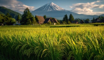 healthy, organic and good quality Japanese rice field at countryside around Mount fuji, Japan.