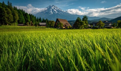 healthy, organic and good quality Japanese rice field at countryside around Mount fuji, Japan.