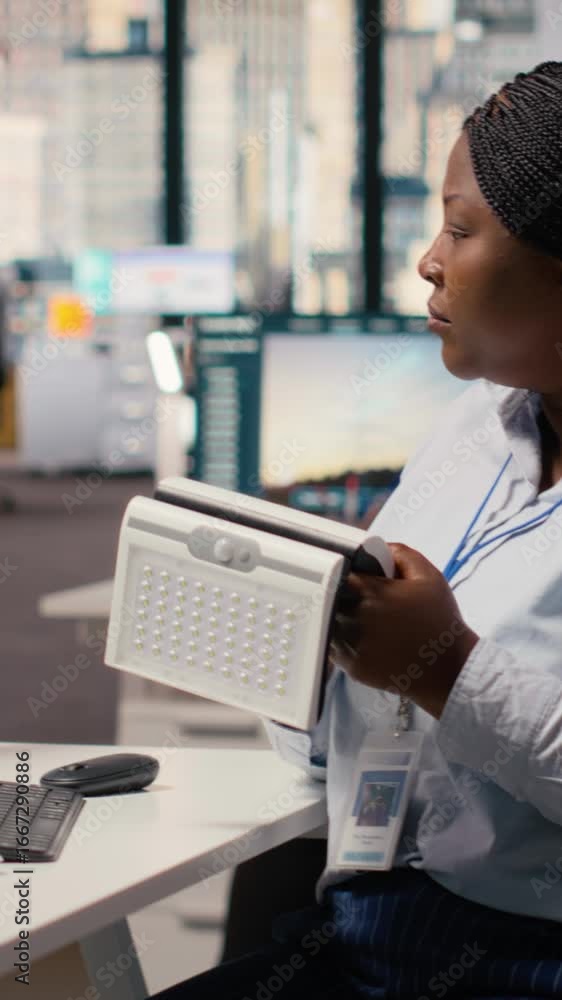 Poster product developer in office using advanced solar cell technology to create renewable energy based de