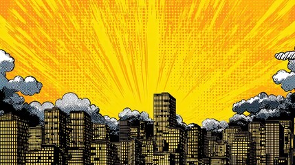 Comic book style city skyline silhouette against a bright yellow sunburst sky, dramatic halftone pattern background, bold black buildings with windows, fluffy cartoon clouds on.