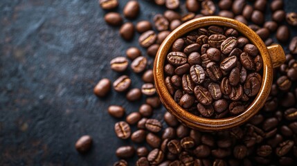 Fototapeta premium Wooden bowl with roasted coffee beans on table