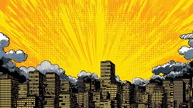 Comic book style city skyline silhouette against a bright yellow sunburst sky, dramatic halftone pattern background, bold black buildings with windows, fluffy cartoon clouds on. - Powered by Adobe