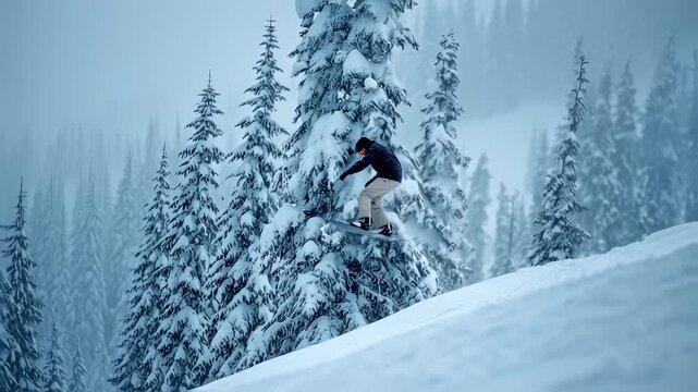 Snowboarder jumping high above snowy mountain slope with pine trees in the background during foggy winter day, showcasing freedom and skill in extreme sport