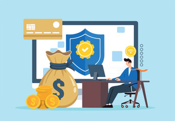 Flat illustration of man managing cybersecurity for online financial institutions with shield