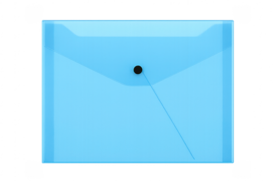 Light blue plastic folder with button closure on transparent background