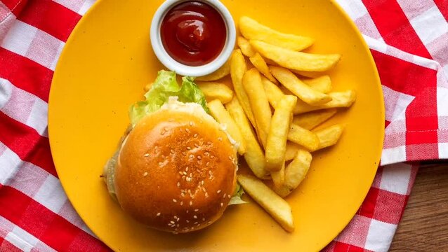 Hambuger, fries and ketchup. Spin