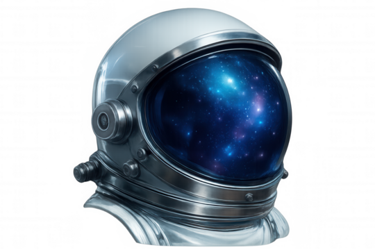 Astronaut helmet visor reflecting colorful cosmic nebula, iridescent swirls shimmering through transparent space backdrop