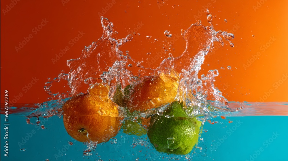 Poster citrus fruits splashing in water with orange and lime dynamic refreshing motion background