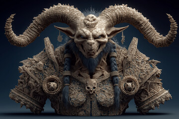 Fototapeta premium Collection of scary monster faces and busts, including demons, zombies, vampires, horror and fantasy creatures, terrifying heads with intricate details, spooky portraits and creepy sculptures