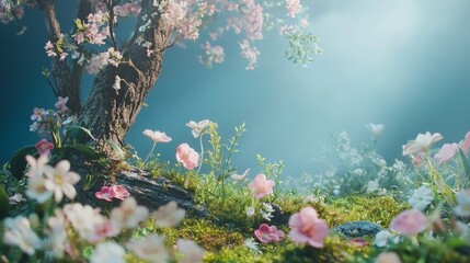 Beautiful blooming spring tree with pink flowers natural seasonal landscape concept