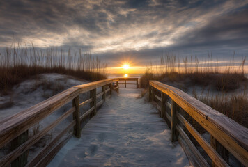 Wooden boardwalk leading to the beach at sunset in North Sea