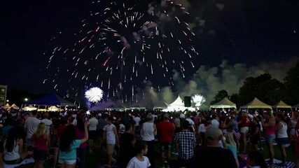 A vibrant video scene captures a crowd watching fireworks at night. Shot from a low angle, the colorful display lights up the sky above tents.