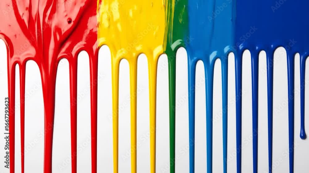 Poster vibrant display of dripping multicolor paint in red yellow blue and green colors with a clean white 