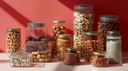 Glass jars with grains nuts and cereals organic nutrition farming product composition