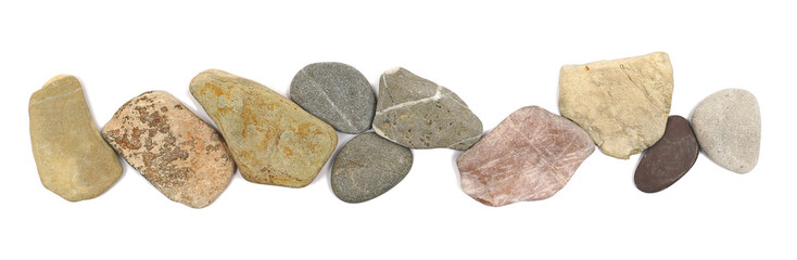 Beach stones line isolated on white background, top view