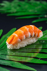 Fresh Shrimp Nigiri on Leaf Mat