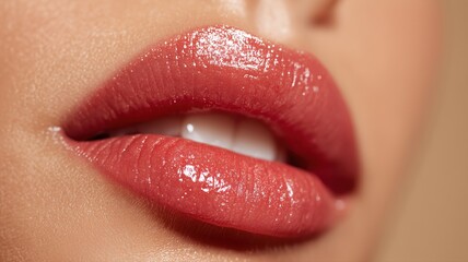 艶やかなコーラルリップと立体的な口元を捉えたヨーロピアン女性のクローズアップ。美容やコスメ関連の記事に活用できる素材。