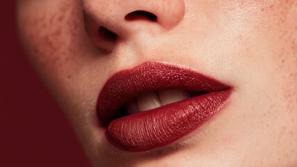 深みのあるマットレッドリップが際立つヨーロピアン女性の口元クローズアップ。高級感を表現するコスメ広告に適した素材。