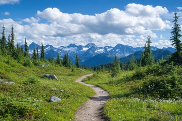 Mountain trail with forest and blue sky