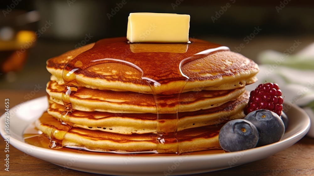 Poster a stack of pancakes topped with butter and syrup served with blueberries and a raspberry on a white 