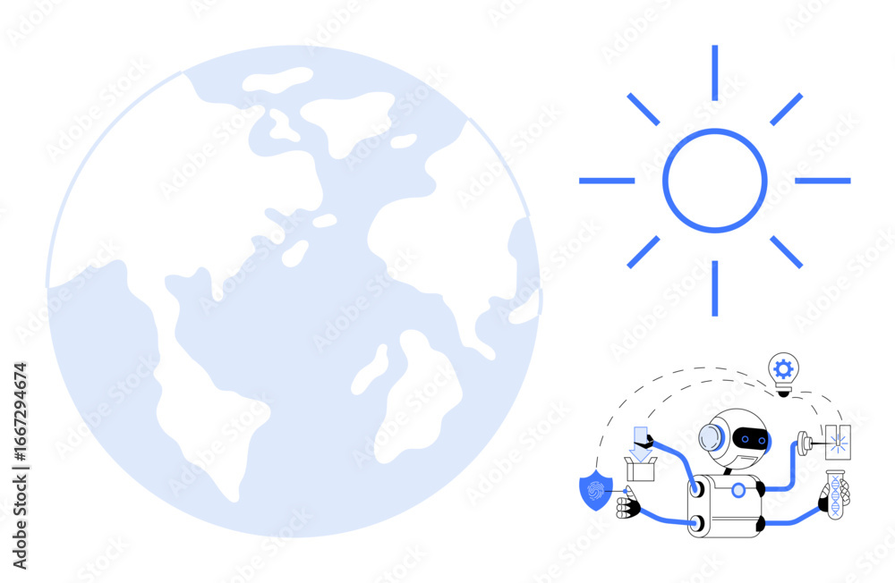 Poster globe, sun, and multitasking robot analyzing data and engaging in automation. ideal for technology, 