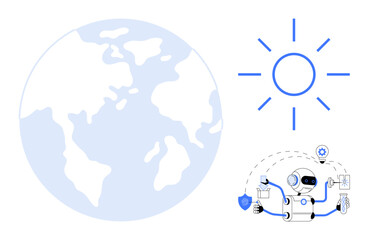Globe, sun, and multitasking robot analyzing data and engaging in automation. Ideal for technology, AI innovation, global solutions, sustainability, environmental tech, productivity simple flat