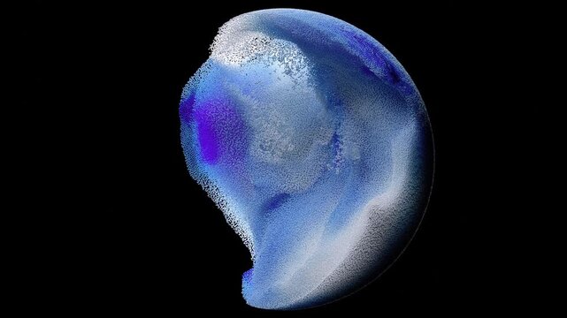 3d render abstract art video animation with surreal ball with liquid water substance inside based on small ball spheres particles inside in fluorescent neon blue white gradient color on black
