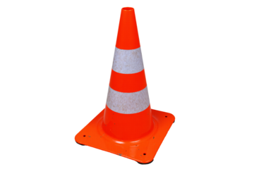 bright orange traffic cone with two reflective silver stripes, used for road safety, construction sites, and directing traffic. This plastic safety pylon or marker is isolated