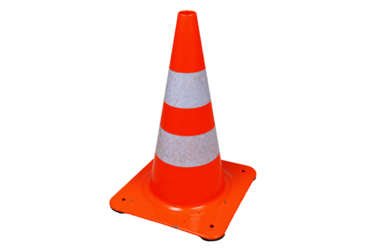 bright orange traffic cone with two reflective silver stripes, used for road safety, construction sites, and directing traffic. This plastic safety pylon or marker is isolated