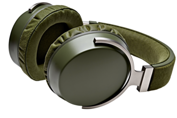stylish pair of modern wireless over-ear headphones in a trendy olive green color with silver accents. This comfortable audio gadget for music and gaming is isolated on a transparent background