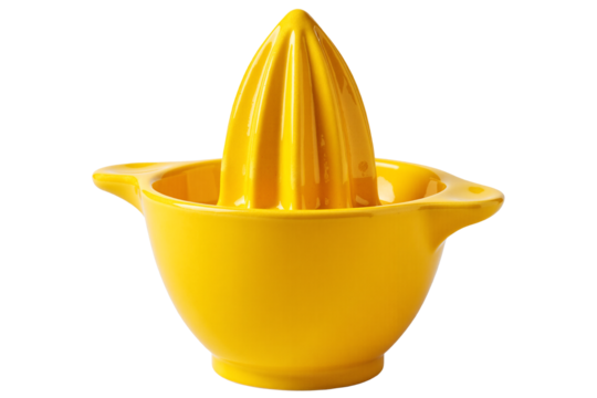 bright yellow manual citrus juicer made from ceramic, with a ridged reamer and a container with a handle and spout. This classic kitchen utensil for squeezing fresh juice is isolated