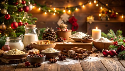 Christmas Baking Ingredients with Festive Table.