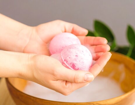 Pink bath bombs in hands
