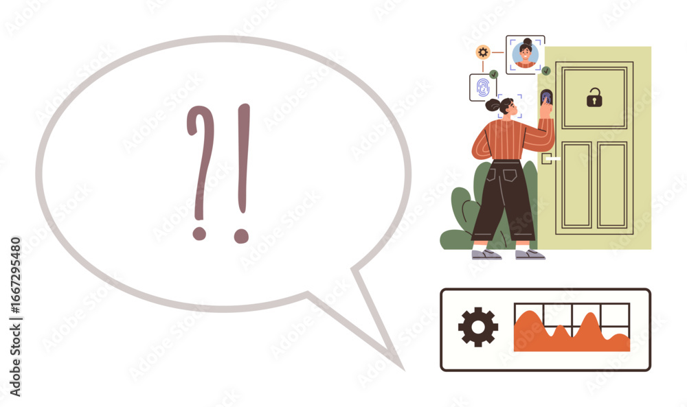 Poster woman entering digital key code and scanning biometric data on secure door panel. speech bubble with