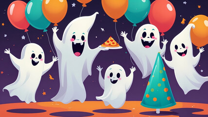 Obraz premium Funny ghosts at Halloween party with pizza and balloons