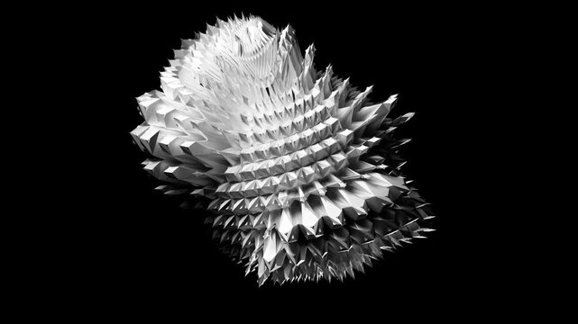 3d render of monochrome black and white abstract art video animation with surreal cyber rotating ball or sphere based on fractal structure with sharp needles around in the deformation process   