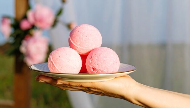 Pink bath bombs on a plate outdoors