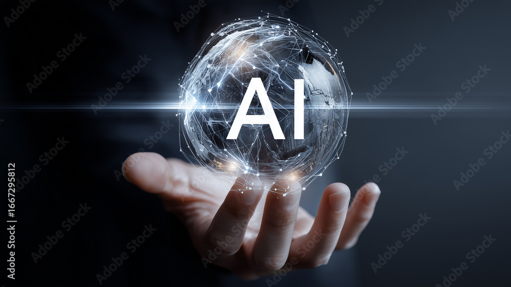 Fototapete hand presenting an ai network sphere to convey human centered artificial intelligence and the concep