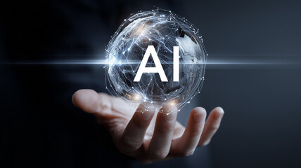 Hand presenting an AI network sphere to convey human centered artificial intelligence and the concept of connected data powering scalable digital transformation
