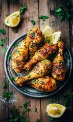 Deliciously Grilled Chicken Drumsticks with Fresh Lemon and Herbs on Rustic Wooden Table