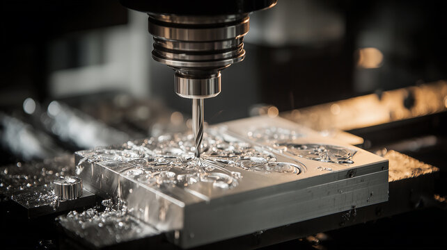 CNC milling cutter carving an intricate metal mold plate to illustrate precision manufacturing and the concept of subtractive engineering enabling high accuracy components for advanced production
